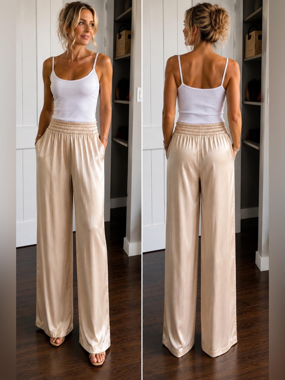 Rachel Zoe Champagne Satin Wide Leg Pants Size S NWOT
